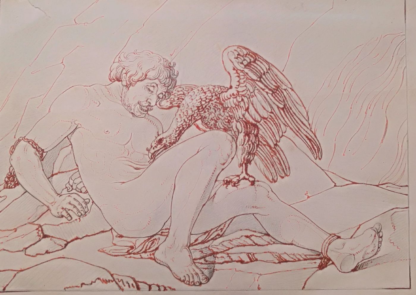 Prometeo aggredito dall'aquila mandata da Giove  disegno a marita su carta  cm. 17 x 12